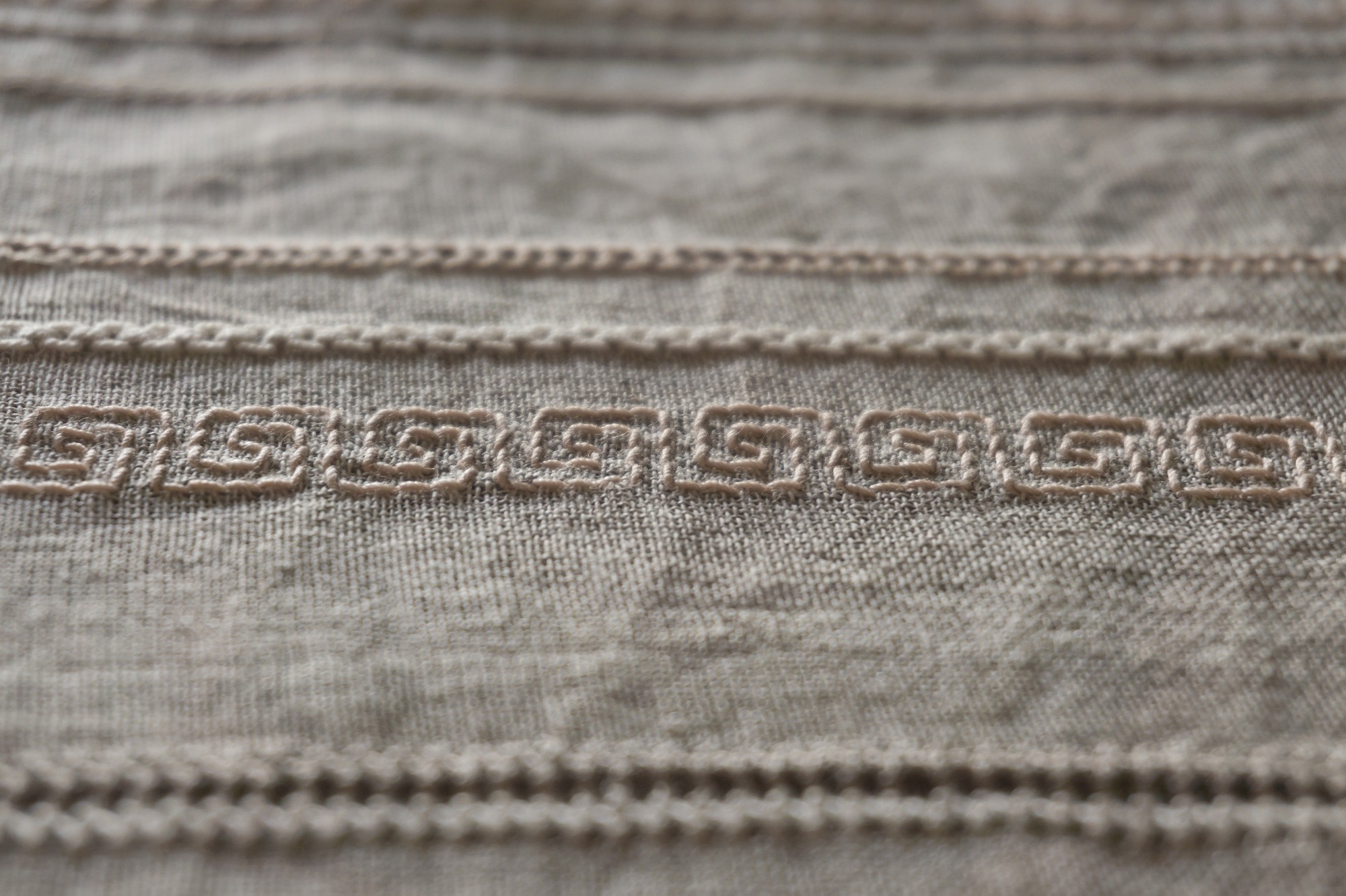 Close-up of embroidered pattern on linen